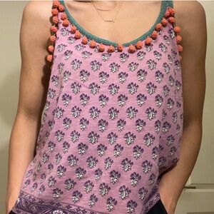 Calypso St Barth Floral Pink Sleeveless Top with Pom-Pom Trim